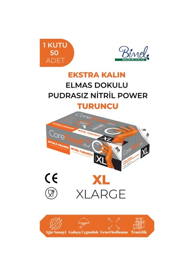 Nitril Turuncu Power Pudrasız Muayene Eldiveni Xl - 1 Paket 50 Li