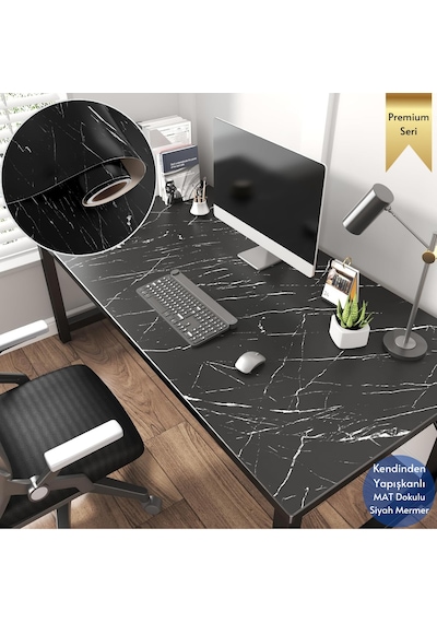 Technosmart 60x300cm Mat Mermer Desenli Kendinden Yapışkanlı Duvar Kağıdı Kaplama Mutfak Masa Folyo Siyah
