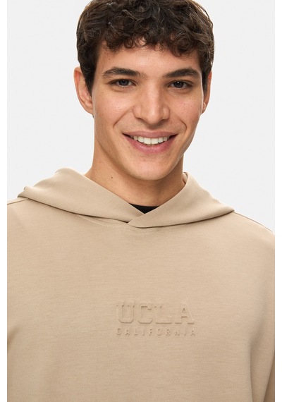 Ucla Wınfrey Koyu Bej Kapüşonlu Gofre Baskı Standard Fit Erkek Sweatshirt Koyu Bej