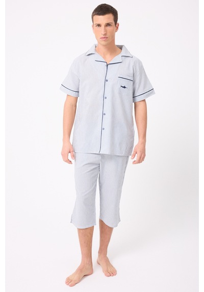 L'espadon Marısılk Seastrıpe Erkek Dokuma Yazlık Kısa Kollu Capri Pantolonlu Pijama & Lounge Takımı-3212 Mavi