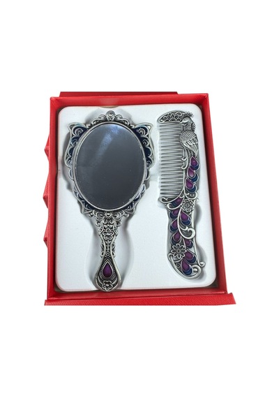 Tavus Kuşu Desenli Vintage Ayna Tarak Seti Özel Tasarım Ve Özel Kutulu 13,5 Cm & 13 Cm Mavi