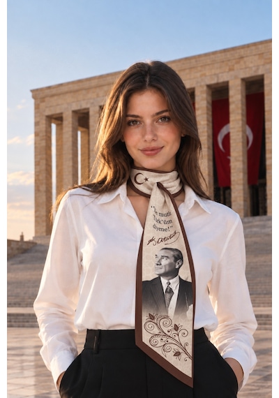 Tarzını Seç Gurur Bej Kahverengi Cumhuriyet Atatürk Temalı Kravat / Eşarp / Fular 85x25cm