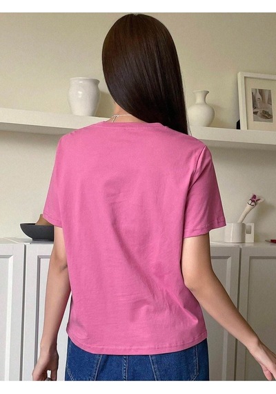 Trendy T-shirt - Pembe Oversize Baskılı Bisiklet Yaka Pembe