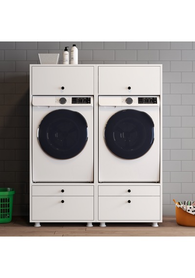 Lotus 4 Çekmeceli Makine Dolabı Çok Amaçlı Dolap Banyo Dolabı 2 Li Beyaz