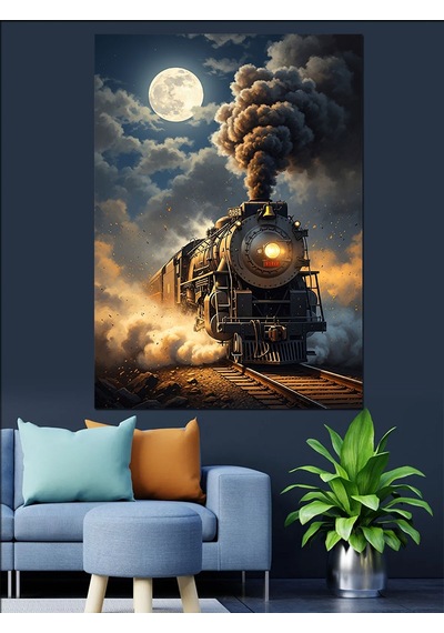 Ahşap Tablo Gece Vakti Işıldayan Eski Buharlı Tren