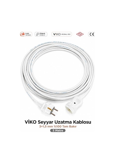 Viko Seyyar Uzatma Kablosu 5m 5 Metre 3x1.5 Mm %100 Bakır Öznur Kablo Viko Erkek Dişi Fiş Klemens Terminalli Topraklı Tse Ce Belgeli 5 M