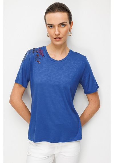 Kadın Sıfır Yaka Tek Omuzu Nakışlı Penye T-shirt İndigo İndigo