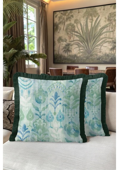 Botanik Tropik Saçaklı Yastık Kılıfı - Egzotik Floral Boho Mint Mavi Siyah Püsküllü Kırlent Kılıfı Gri