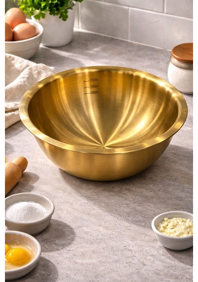 Qerhome Paslanmaz Çelik Gold Ölçülü Hamur Yoğurma & Karıştırma Kabı 3000 Ml Gold