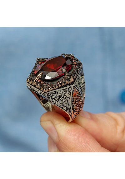 Kırmızı Taşlı Oval 925 Gümüş Erkek Yüzük Beyaz