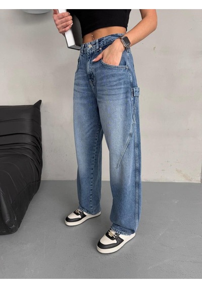 Baloon Fit Dikiş Detaylı Balta Cepli Dark Blue Jean Mavi