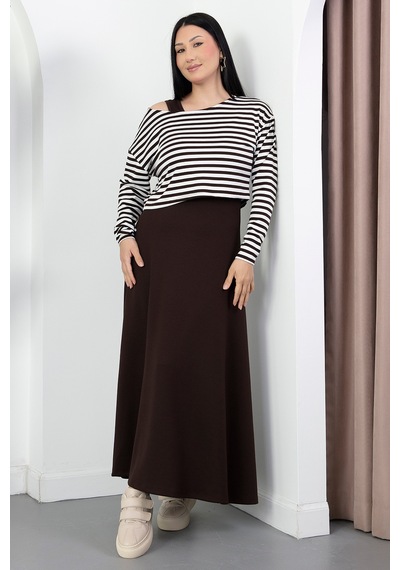 Kalopya Oval Yaka Çizgili Elbise İkili Takım Dks1475 Kahverengi