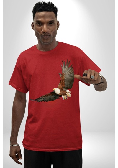 Kartal Özgürlük Pamuklu Bisiklet Yaka Unisex Oversize Boyfriend Dijital Baskılı Kırmızı T-shirt Kırmızı