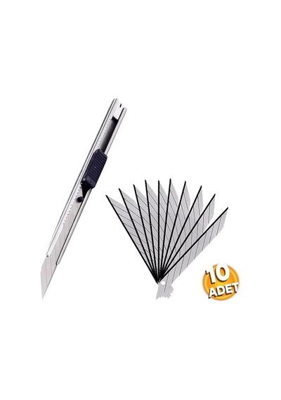 1 Adet İnce Metal Gövdeli Maket Bıçağı Cep Tipi Mini İnce Falçata 10lu Yedek Uçlu Set