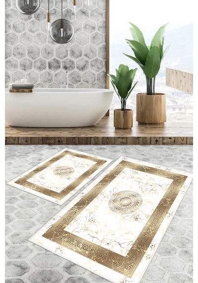 Dijital Baskı Mermer Desen Kaymaz Taban 2li Set Banyo Paspası Klozet Takımı 50x60cm-60x100cm Gold