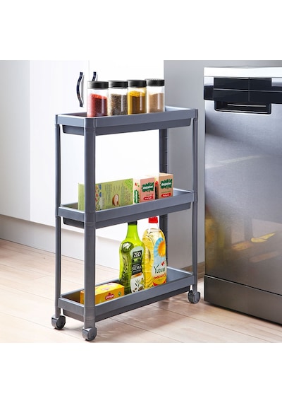 Slim 3 Katlı Tekerlekli Raf Ünitesi Beyaz, Banyo Rafı, Mutfak Rafı, Servis Sehpası, Organizer - Antrasit