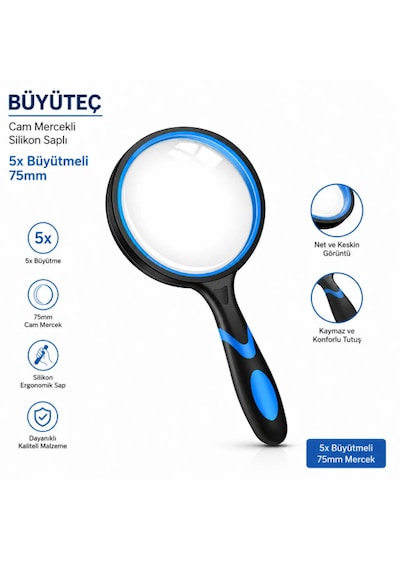Büyüteç - Cam Mercekli - Silikon Saplı - 5x Büyütmeli - 75mm