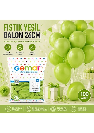 İç Mekan - Fıstık Yeşil Balon 10 Inc - 26cm - 100pcs 5468 Çok Renkli