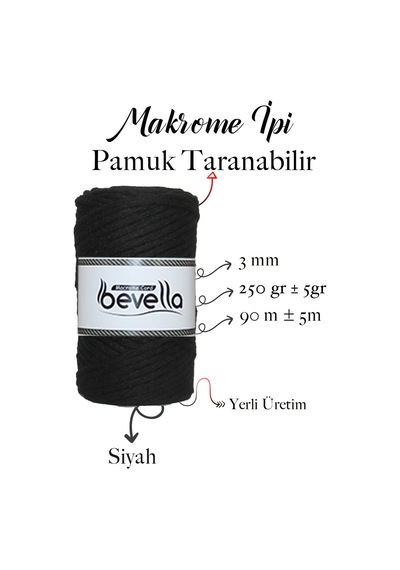 Taranan Makrome Ipi 3mm Taranabilir Pamuk Tek Büküm Makrome Ipi Siyah