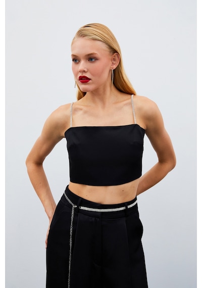 Sateen Taş Askılı Saten Crop Bluz - Siyah-134980 Siyah