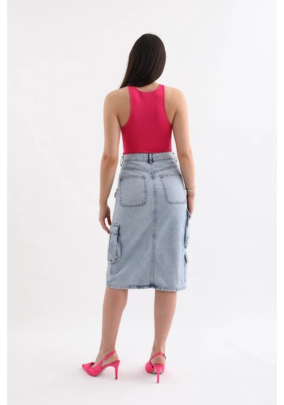 Banny Jeans Kadın Kargo Cepli Önden Yırtmaçlı Jean Etek Buz Mavi 001