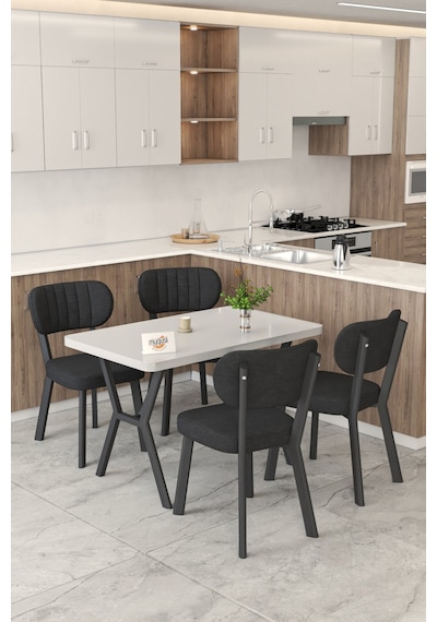 Gnr 70x110cm Sabit Beyaz Mutfak Masası Takımı, Yemek Masası, 4 Modern Siyah Sandalye Siyah