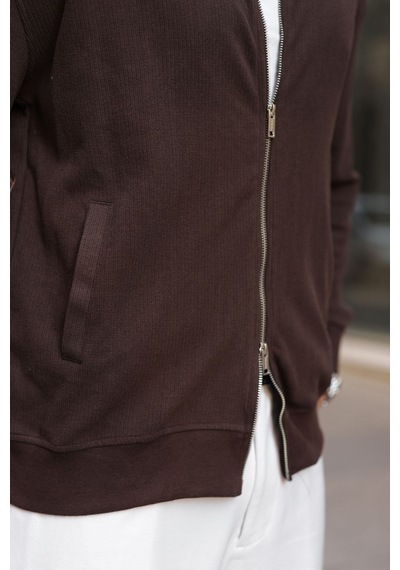 Madmext Acı Kahve Dik Yaka Çift Fermuarlı Cepli Erkek Triko Hırka E7198 Acı Kahverengi