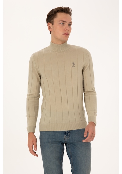 U.S. Polo Assn. Erkek Slim Fit Boğazlı Yaka Açık Haki Kazak 50315019-VR183