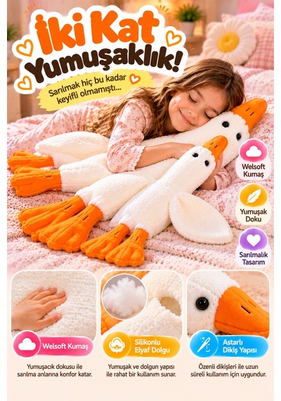 Beyaz Peluş Ördek 2'li Set 50 Cm Ve 90 Cm Yumuşak Welsoft Kumaş Sarılmalık Oyuncak Çocuk Odası Dekor