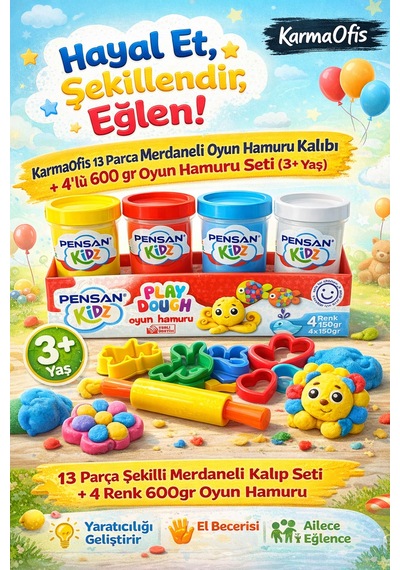 13 Parça Merdaneli Oyun Hamuru Kalıbı+4 Lü 600gr Oyun Hamuru 3+yaş Krem