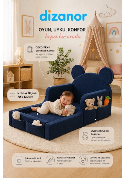 Luxury Tedyy Baza Ve Başlıklı Montessori Full Sünger Yatak Seti Lacivert - Luxury Tedyy Baza Ve Başlıklı Montessori Full Sünger Yatak Seti Lacivert -