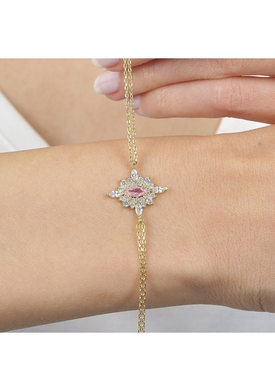 Pink Taşlı Hanedan Nişanı Gold Renk Vintage Gümüş Bileklik