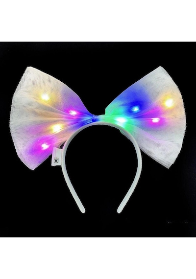 Mey İthalat Rengarenk Led Işıklı Fiyonk Şekilli Tül Parti Tacı Beyaz Renk 25x25 Cm
