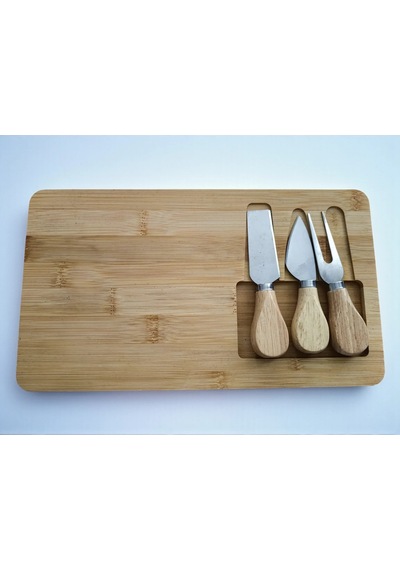 Doğal Bambu Bıçaklı Peynir Servis Sunum Tabağı Kahvaltı Sunum Tahtası Seti 4 Parça 30x17 Cm Kahverengi