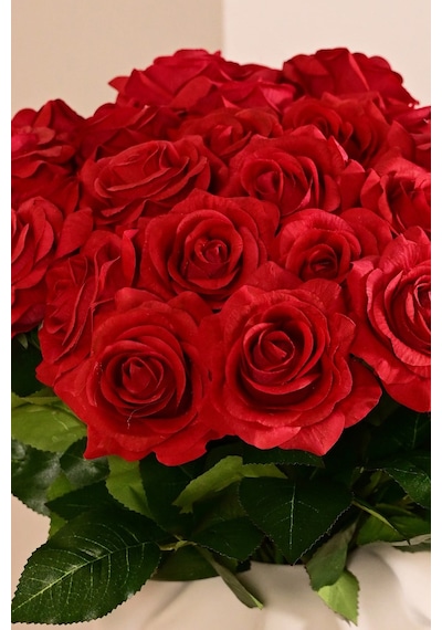 Kırmızı Yapay Gül Tek Dal Premium Canlı Islak Dokulu 45 Cm