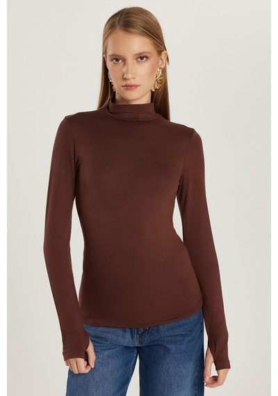Tudors Kadın Regular Fit Klasik Kesim Viskon Kumaş Balıkçı Yaka Kahverengi Bluz -34616 Kahverengi
