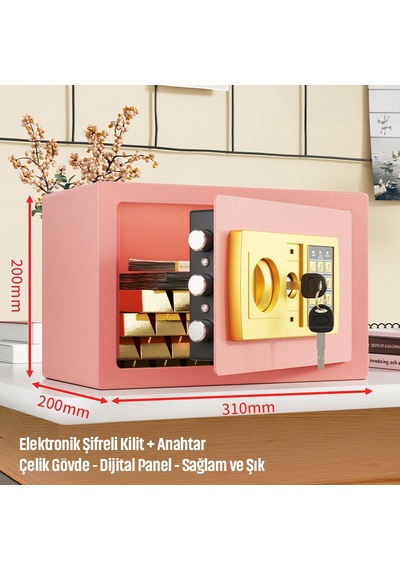 20'lik Elektronik Şifreli Ve Anahtarlı Çelik Para Kasası Dijital Panelli, 31 20 20 Cm Pembe