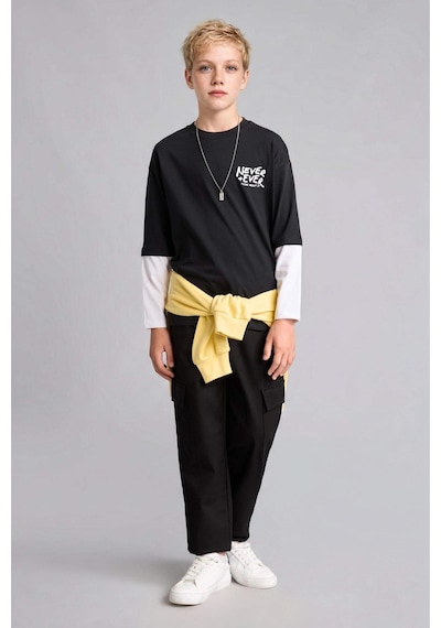 Defacto Pamuklu Kargo Jogger Paça Gabardin Siyah Pantolon Erkek Çocuk F1970a826aubk81 Siyah-bk81