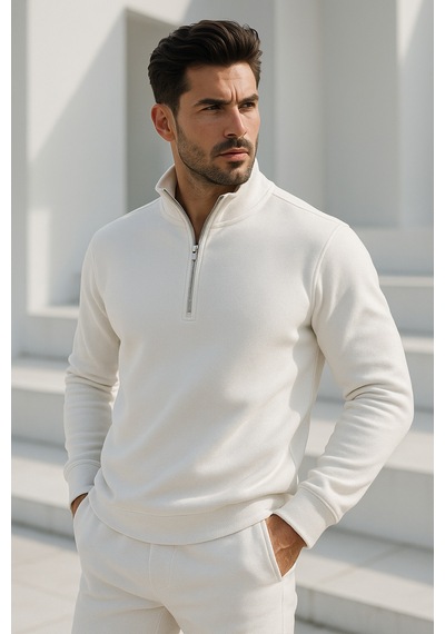 Rich Erkek Ekru Yarım Fermuarlı Sweatshirt Ekru