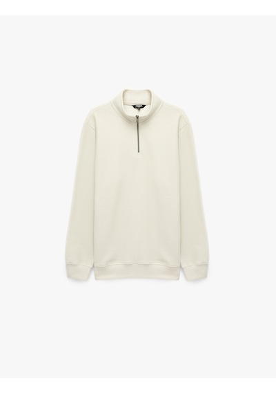 Koton Regular Fit Uzun Kollu Yarım Fermuarlı Sweatshirt Bej 7wam70012mk Ekru
