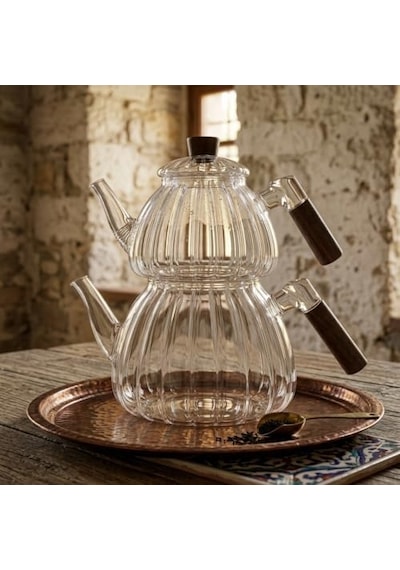 Akasya Cam Çaydanlık Takımı 1500 Ml + 600 Ml - Ahşap Kulplu, Çizgili Tasarım Isıya Dayanıklı Borosilikat Şeffaf Çaydanlık 1