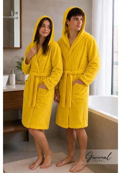 Vibe Kapüşonlu Pamuklu Unisex Bornoz Genç Bornozu Erkek Havlu Bornoz Kadın Havlu Bornoz Sabahlık - 1 Adet Sarı