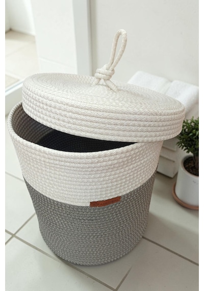 El Yapımı Dekoratif Örgülü Model 5'li Banyo Seti 2 Li Paspas 50x80 Cm Ve 40x60 Cm + Sepetler 18x18 Cm & Çamaşır Sepeti 35x33 Cm Gri