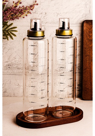 Bottle - 3 Parça Ahşap Standlı Damlatmaz 1 Lt Cam Yağdanlık Borosilikat Yağlık Sirkelik 1000ml SNPBOTTLEGLD3