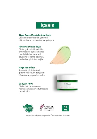 Sinoz Pure Cica Tiger Grass Ton Eşitleyici Yoğun Onarıcı ve Yatıştırıcı Yüz Kremi 15 ML
