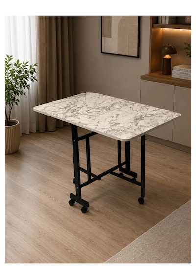 Çok Amaçlı Açılır Katlanır Ahşap Kelebek Masa Beyaz Mermer 60x120