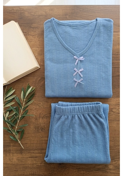 Aura Collections Kadın Bambu Viskon Transfer Ribana Kısa Kollu Düğmeli Pijama Takımı Mavi