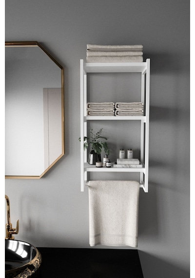 Aju Havluluk Duvar Rafı 3 Katlı Raf Banyo Mutfak Düzenleyici Modern Geniş Depolama Rafı Şık Havlu Askıısı Beyaz