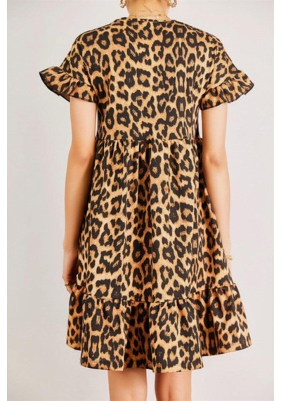 Aqe Fashion Kadın Eteği Ve Kolu Büzgülü Leopar Desenli Elbise Leopar