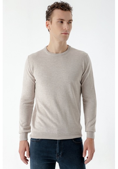Morven Erkek Bej Basic Bisiklet Yaka Dynamic Fit Rahat Kesim Triko Bej